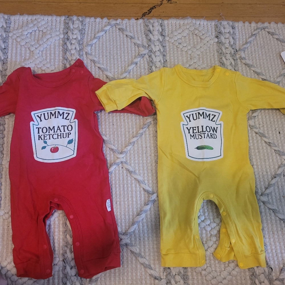 Matching twin ketchup and mustard onsies 12-24 mos. Halloween costume twin babie